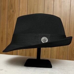 Black Fedora Hat with Grosgrain Band and Ornate Silver Button Detail